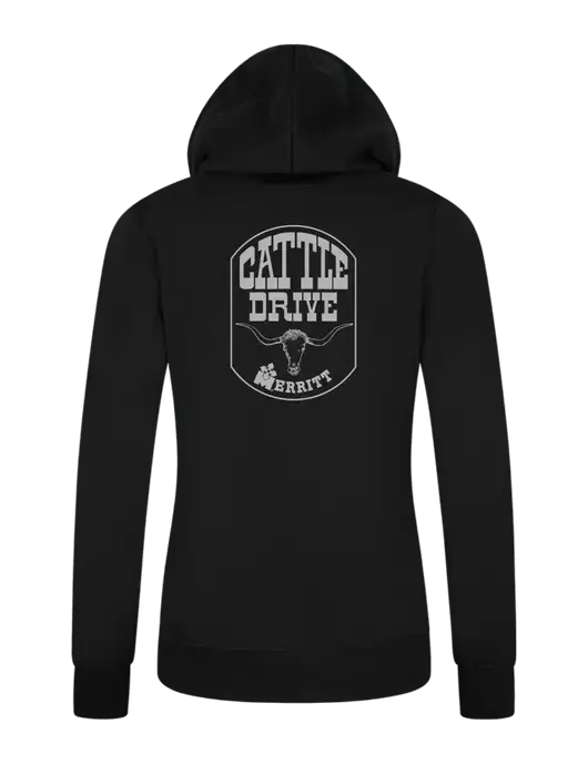 Womens Black Core Fleece Pullover Hooded Sweatshirt w/Cattle Drive Logo, Merritt Trailers Logo