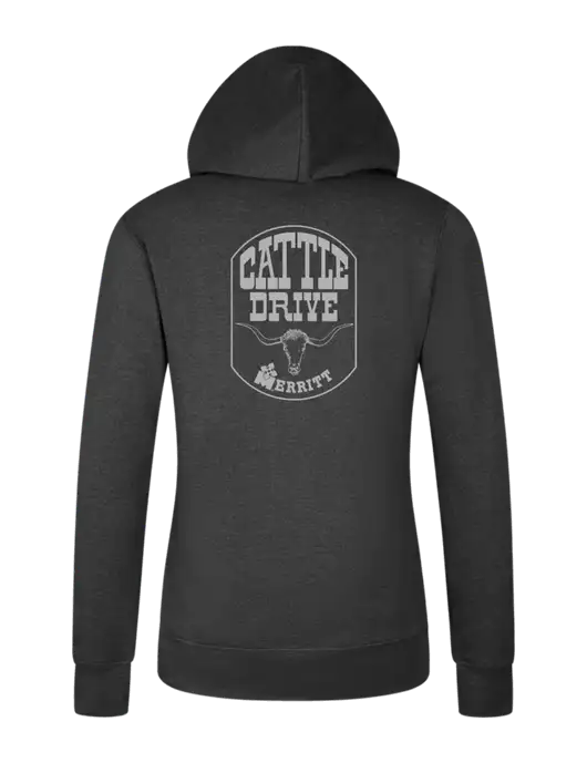 Womens Dark Grey Heather Core Fleece Pullover Hooded Sweatshirt w/Cattle Drive Logo, Merritt Trailers Logo