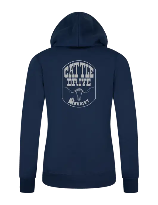 Womens Navy Core Fleece Pullover Hooded Sweatshirt w/Cattle Drive Logo, Merritt Trailers Logo