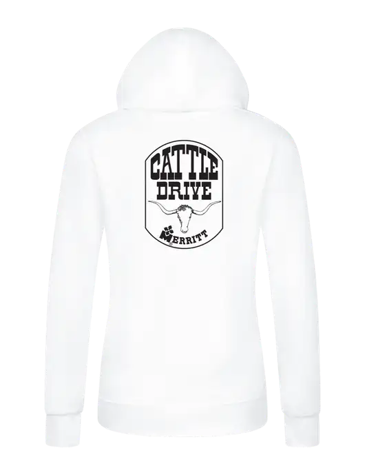 Womens White Core Fleece Pullover Hooded Sweatshirt w/Cattle Drive Logo, Merritt Trailers Logo