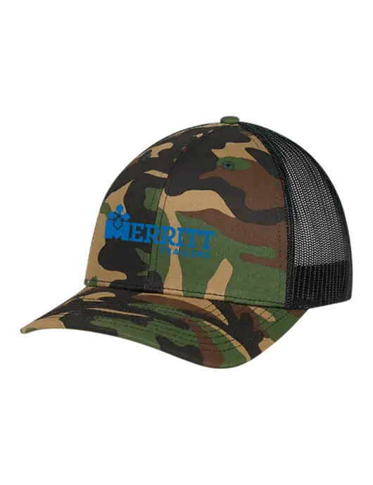 Richardson Adjustable Snapback Original 112P Trucker Cap Army Camo/Black  w/Merritt Trailers Logo