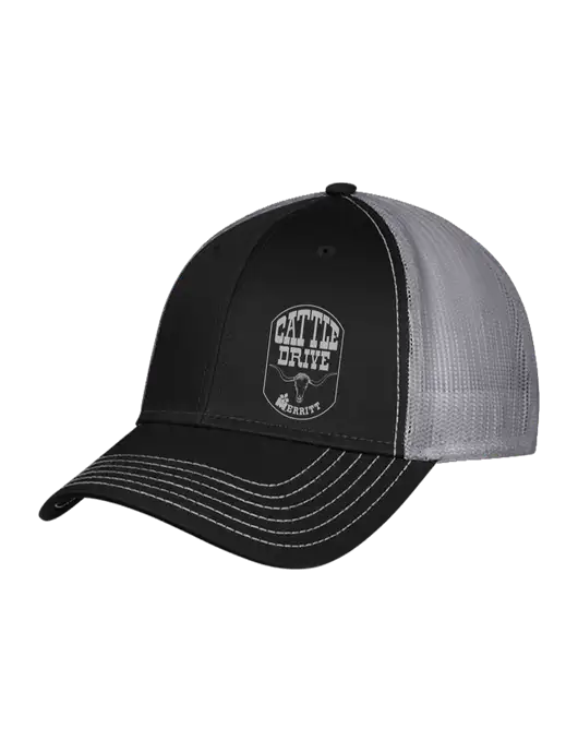 Black/Medium Dark Grey Mesh Trucker Cap Snap Back w/Cattle Drive Logo