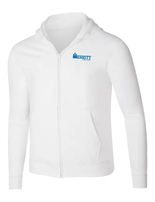White 8.5 oz Ring Spun Zip Hooded Sweatshirt w/Merritt Trailers Logo
