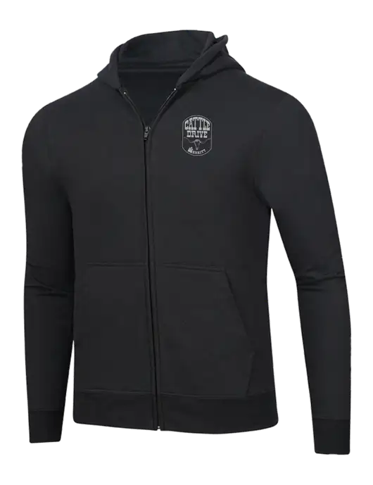 Jet Black 8.5 oz Ring Spun Zip Hooded Sweatshirt w/Cattle Drive Logo