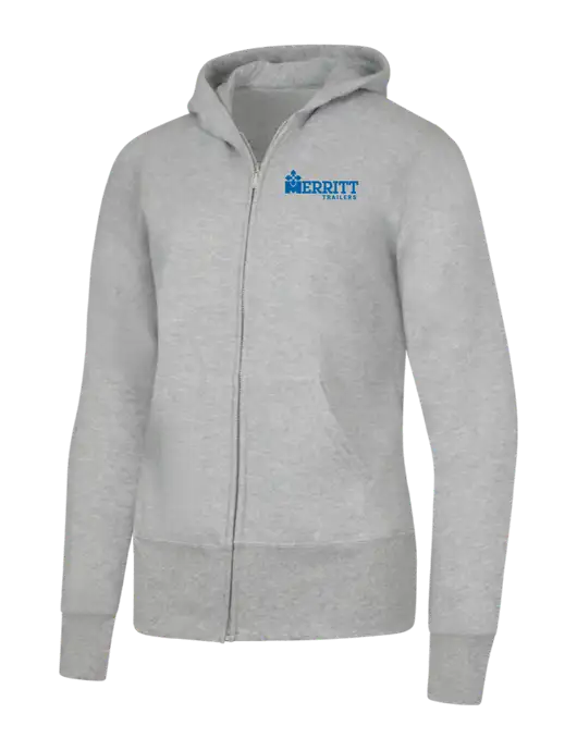 Grey Heather Womens Core Fleece Full-Zip Hooded Sweatshirt w/Merritt Trailers Logo