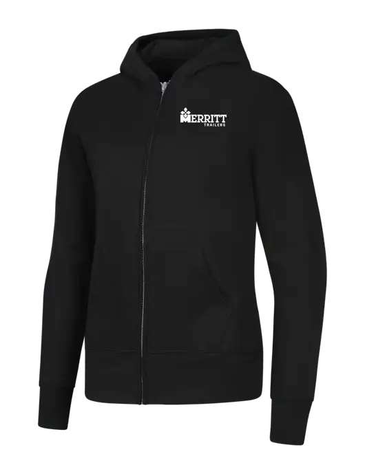 Jet Black Womens Core Fleece Full-Zip Hooded Sweatshirt w/Merritt Trailers Logo