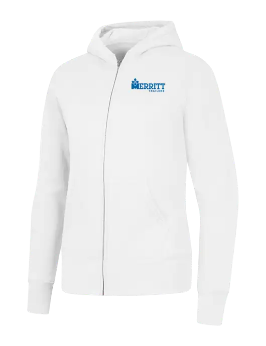 White Womens Core Fleece Full-Zip Hooded Sweatshirt w/Merritt Trailers Logo